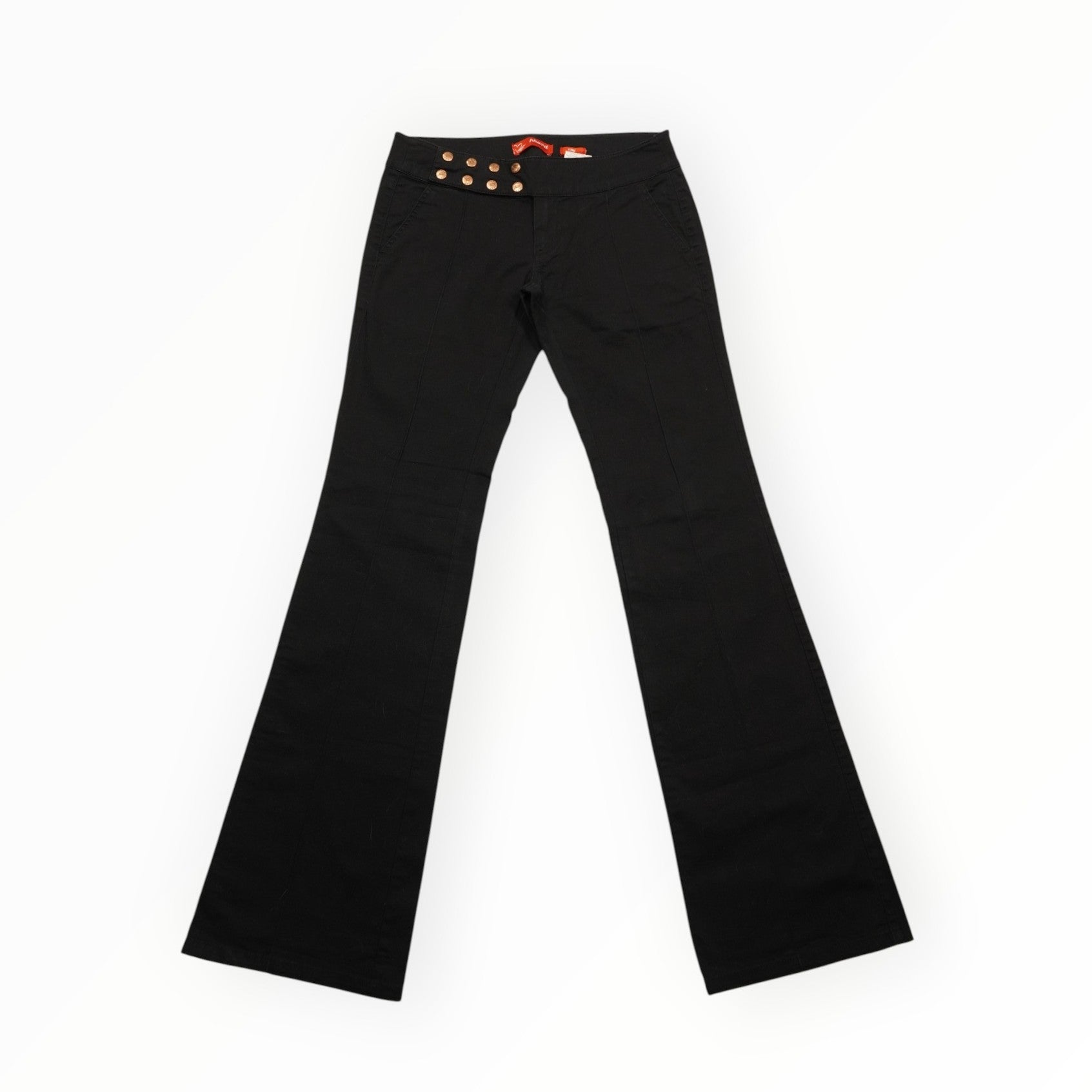 Vista frontale completa dei jeans neri a zampa d'elefante Phard Jeans d'archivio anni 2000.