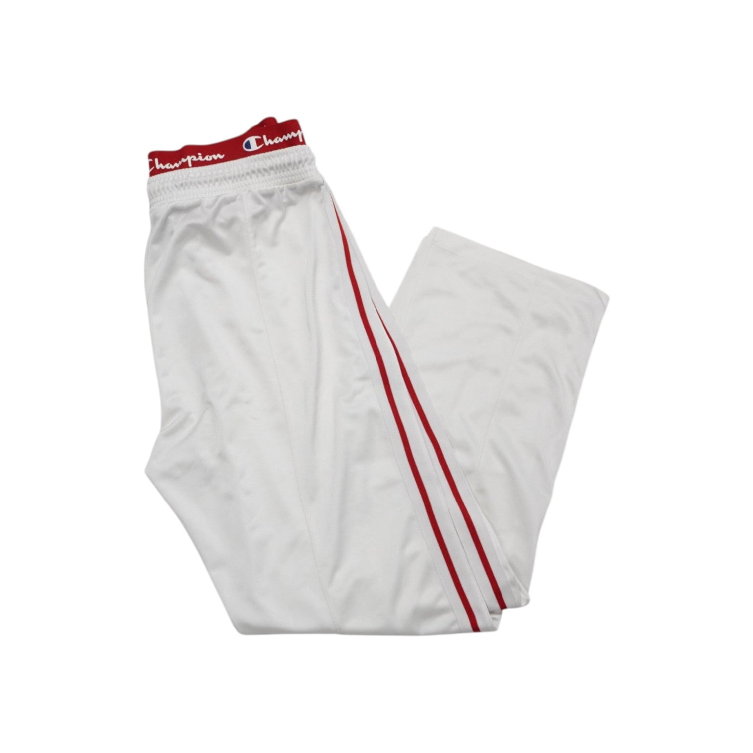 Pantaloni sportivi Champion bianchi piegati, con profili rossi laterali e iconica banda elastica rossa logata in vita.