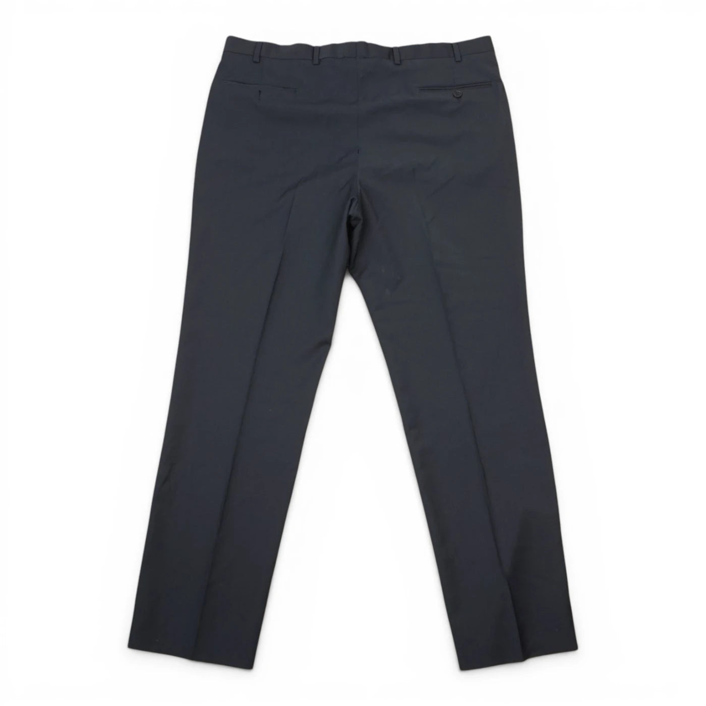  Vista posteriore dei pantaloni eleganti Valentino uomo blu scuro con tasche profilate a filetto.
