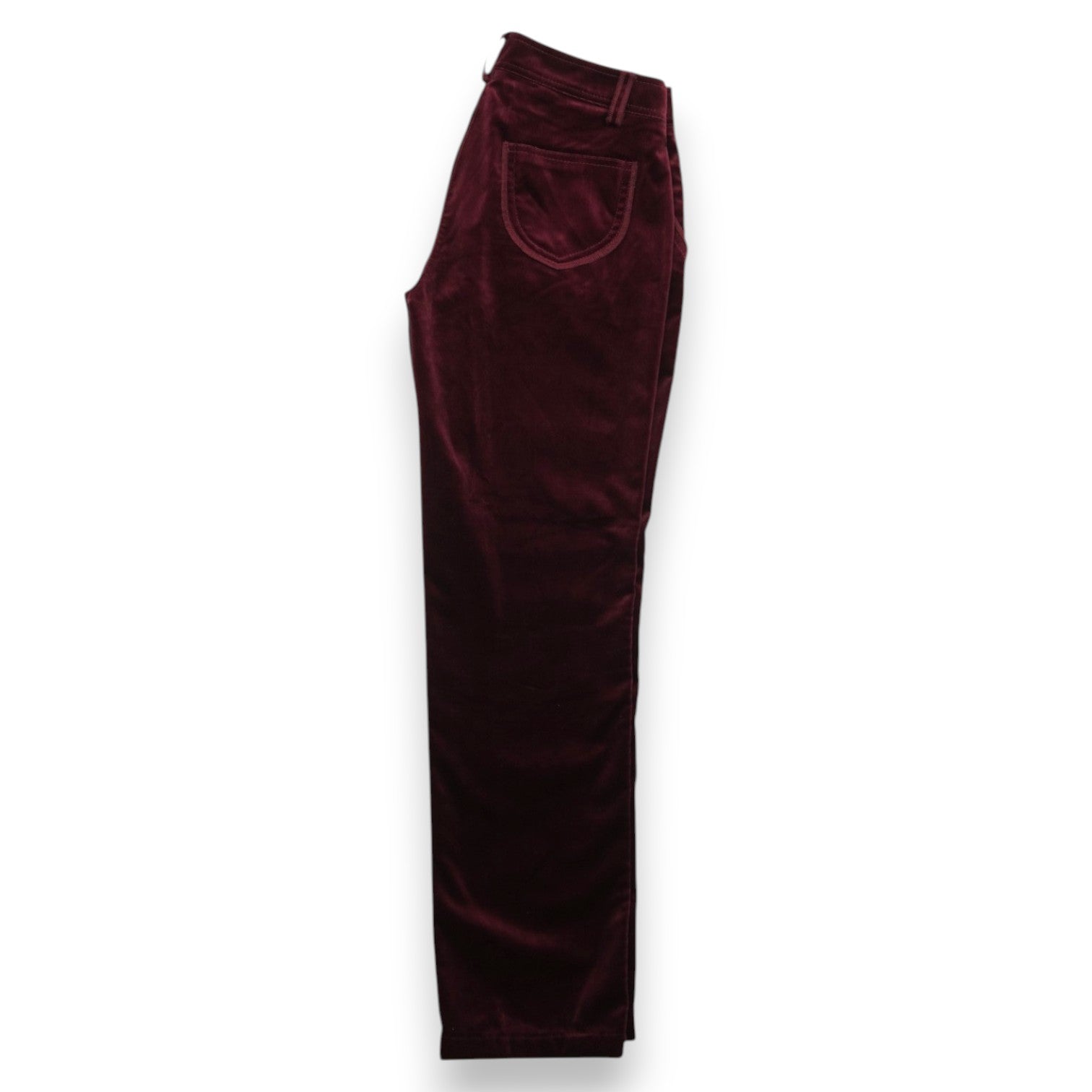 Silhouette di profilo dei pantaloni bordeaux in velluto Luisa Spagnoli che mostra il taglio straight leg dritto.