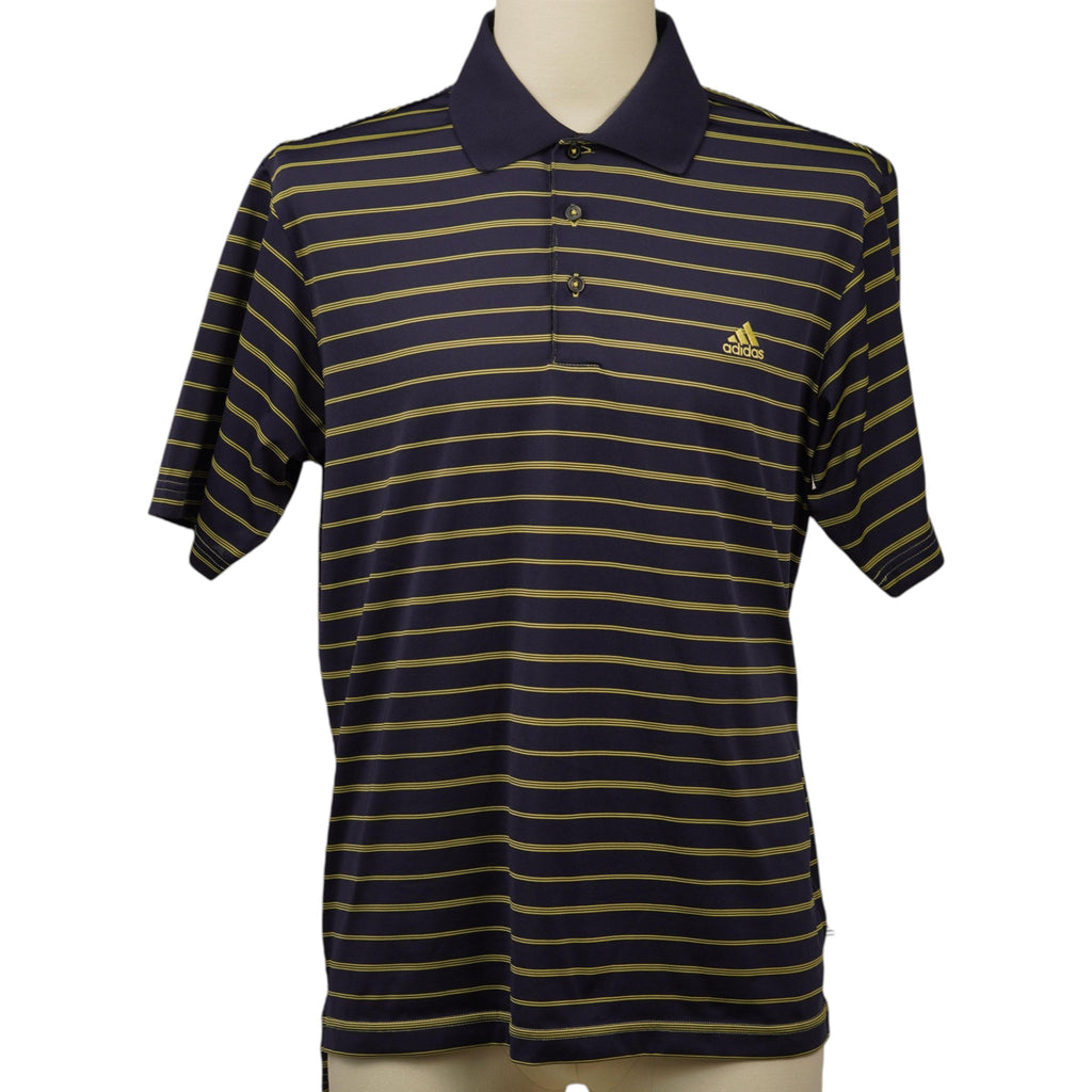 Polo vintage adidas da uomo a maniche corte color blu navy con trama a micro-righe orizzontali gialle e logo ricamato sul petto.