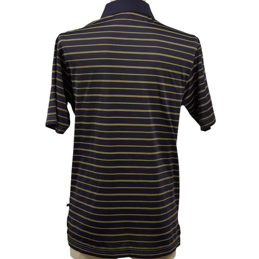  Vista posteriore della polo vintage adidas blu navy a righe gialle che mostra la continuità del pattern e il taglio casual.