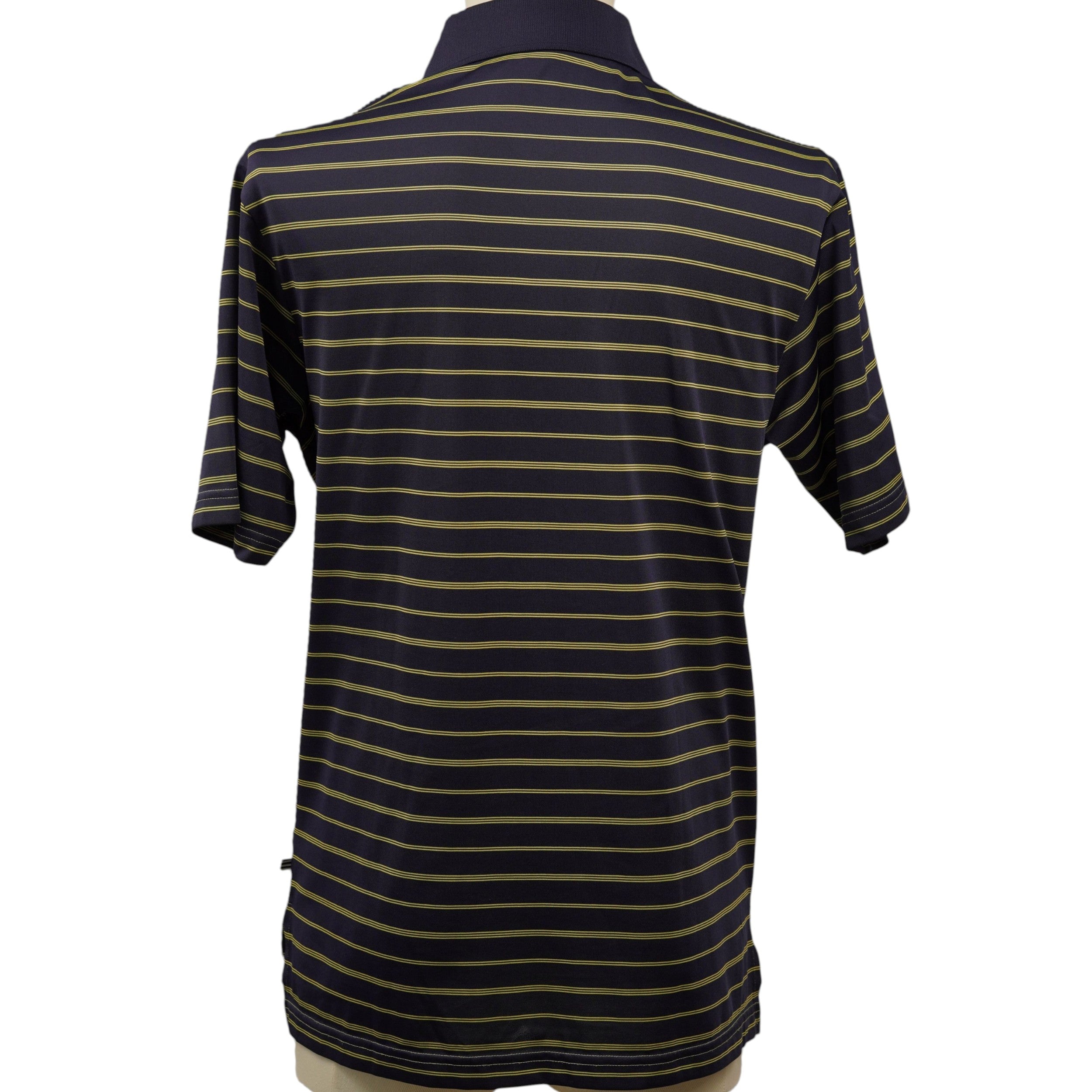  Vista posteriore della polo vintage adidas blu navy a righe gialle che mostra la continuità del pattern e il taglio casual.