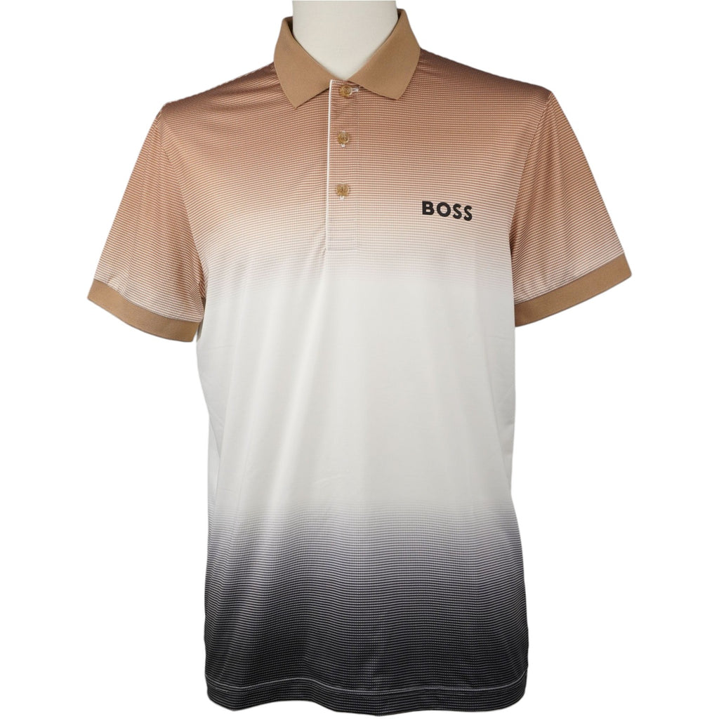 Polo uomo BOSS Patteo MB 10 x Matteo Berrettini con design sfumato beige bianco e nero vista frontale completa su manichino.