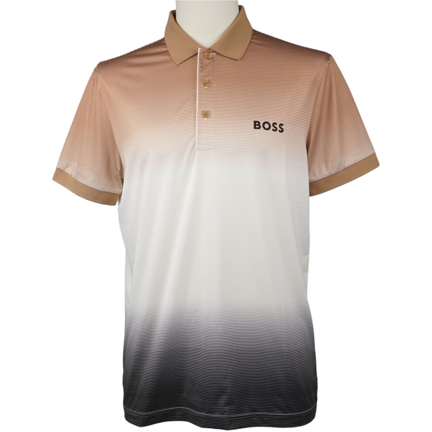 Polo uomo BOSS Patteo MB 10 x Matteo Berrettini con design sfumato beige bianco e nero vista frontale completa su manichino.