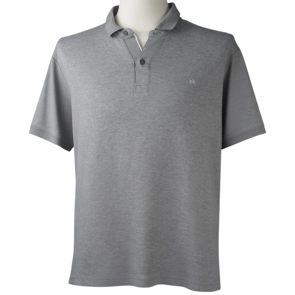 Polo da uomo Calvin Klein Slim Fit grigio melange a maniche corte esposta su manichino vista frontale