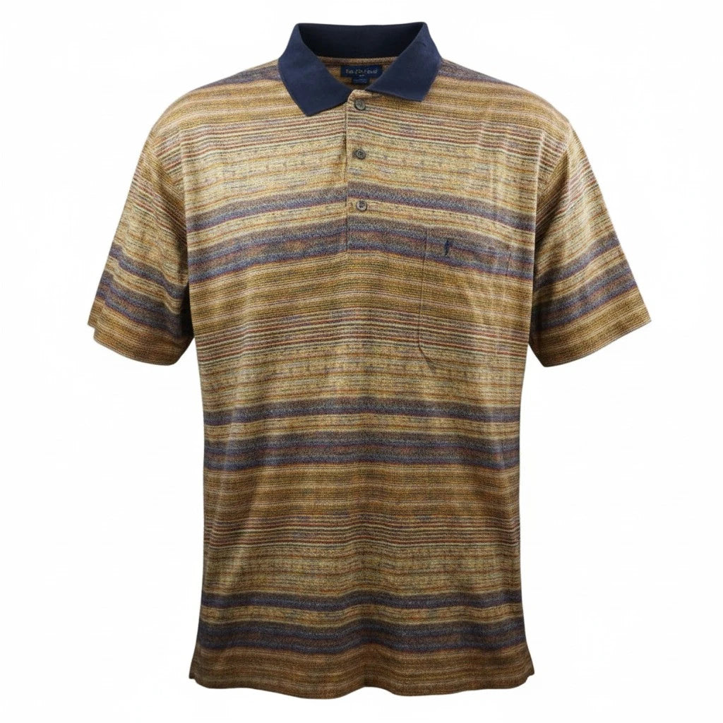 Polo vintage Yves Saint Laurent pour homme a maniche corte con motivo fiammato a righe orizzontali multicolore, colletto blu navy e taschino sul petto.