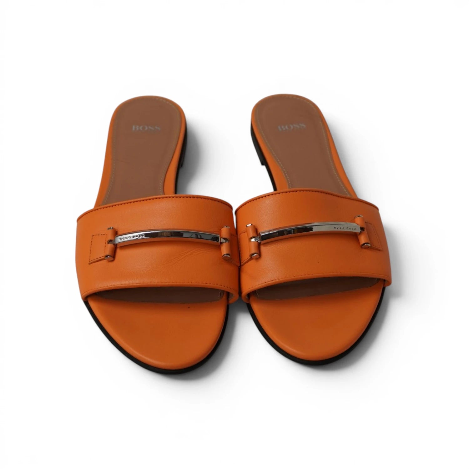 Sandali bassi modello slide BOSS Nathalie in pelle arancione mandarino per donna.