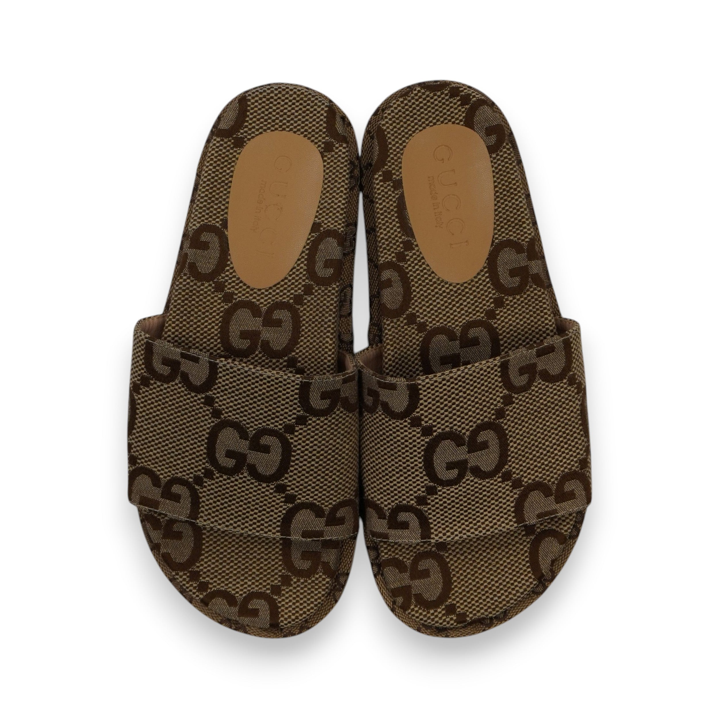 Vista dall'alto dei sandali Gucci Angelina con monogramma Maxi GG e soletta ergonomica in pelle, taglia 36.