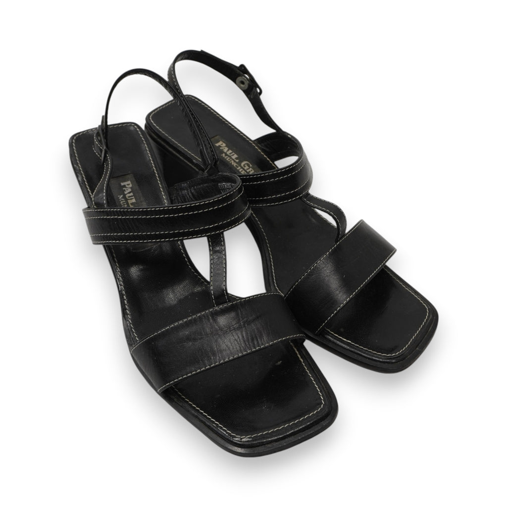 Sandali vintage Paul Green Munich in pelle nera con punta squadrata e cuciture bianche a contrasto, design anni '90.