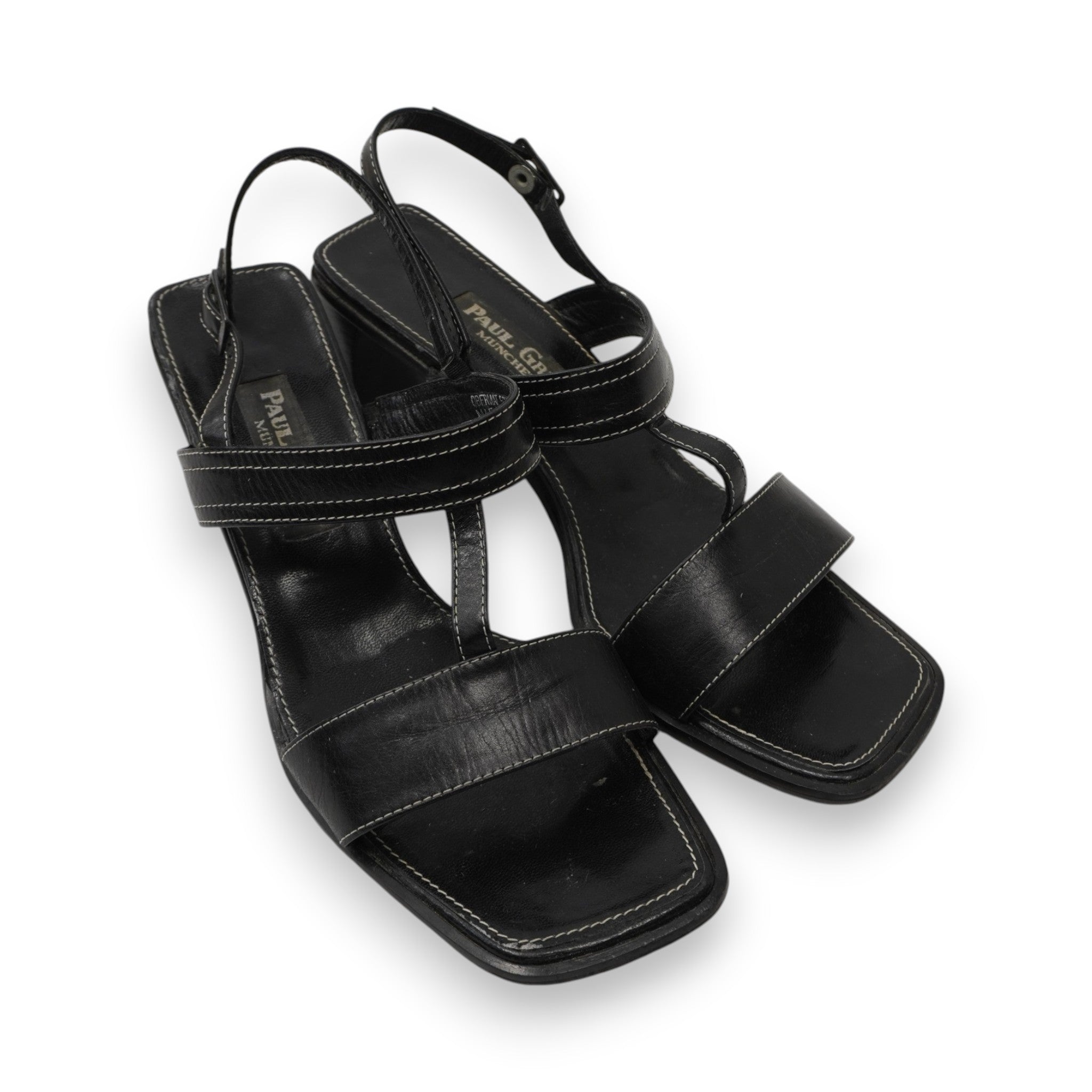 Sandali vintage Paul Green Munich in pelle nera con punta squadrata e cuciture bianche a contrasto, design anni '90.