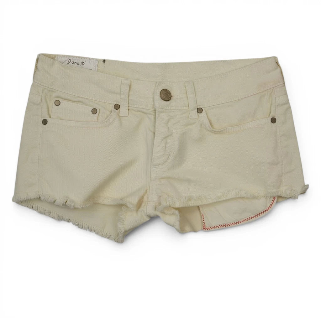 Shorts in denim comfort beige Dondup modello Alexa vista frontale con orlo sfilacciato
