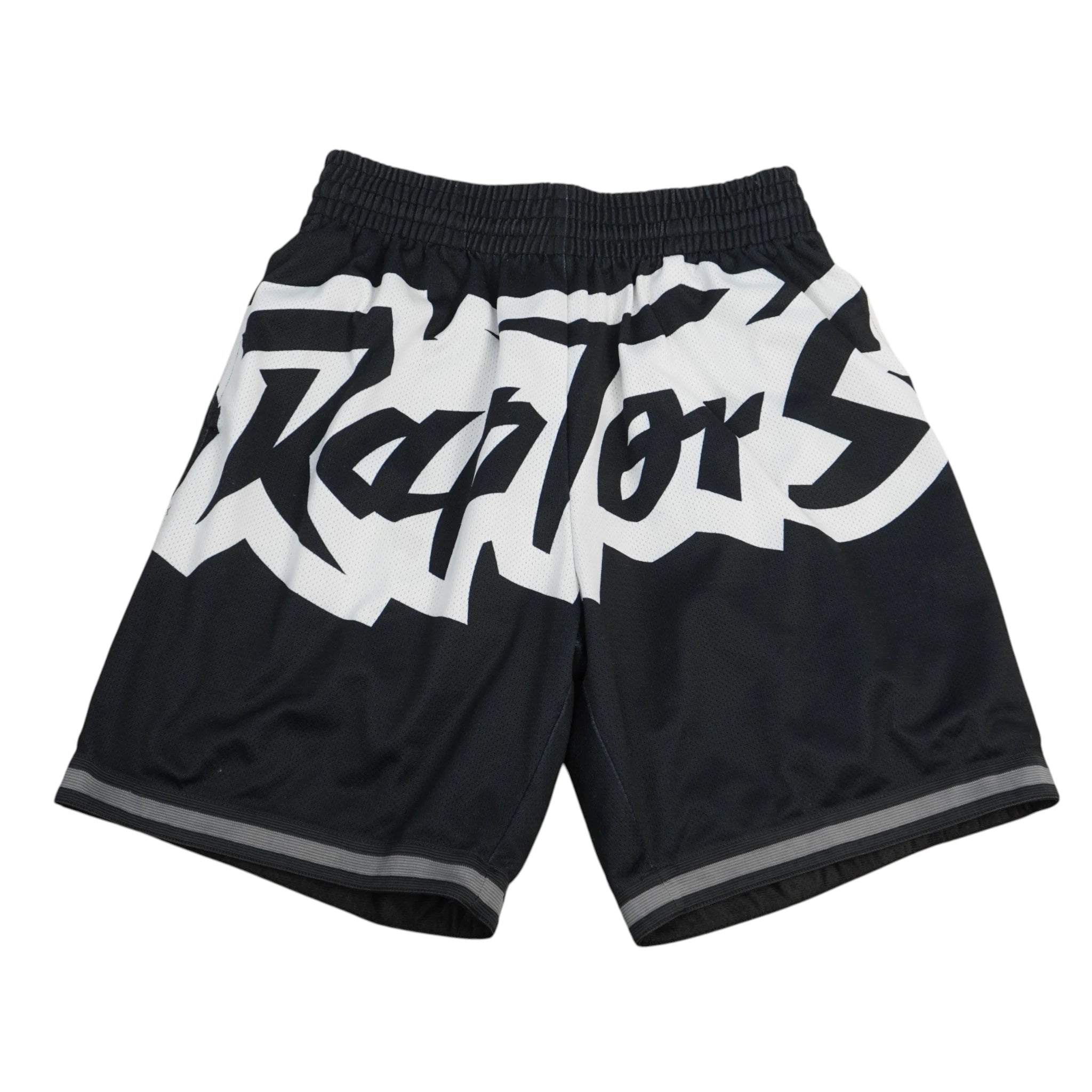 Pantaloncini da basket neri Mitchell e Ness dei Toronto Raptors linea Big Face vista frontale