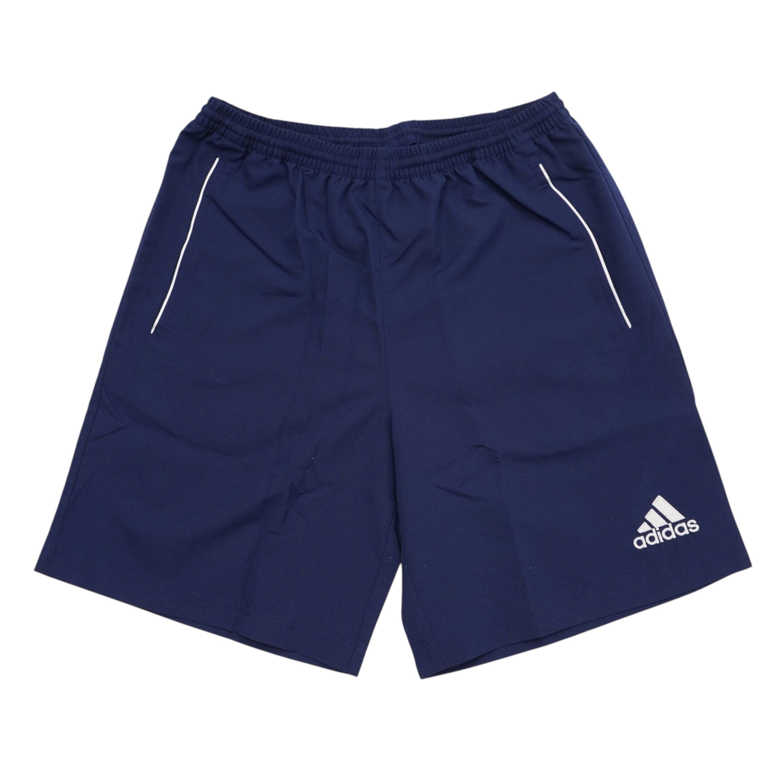 Pantaloncini sportivi adidas blu navy con girovita elasticizzato, profili bianchi sottili e logo ricamato - Vista frontale