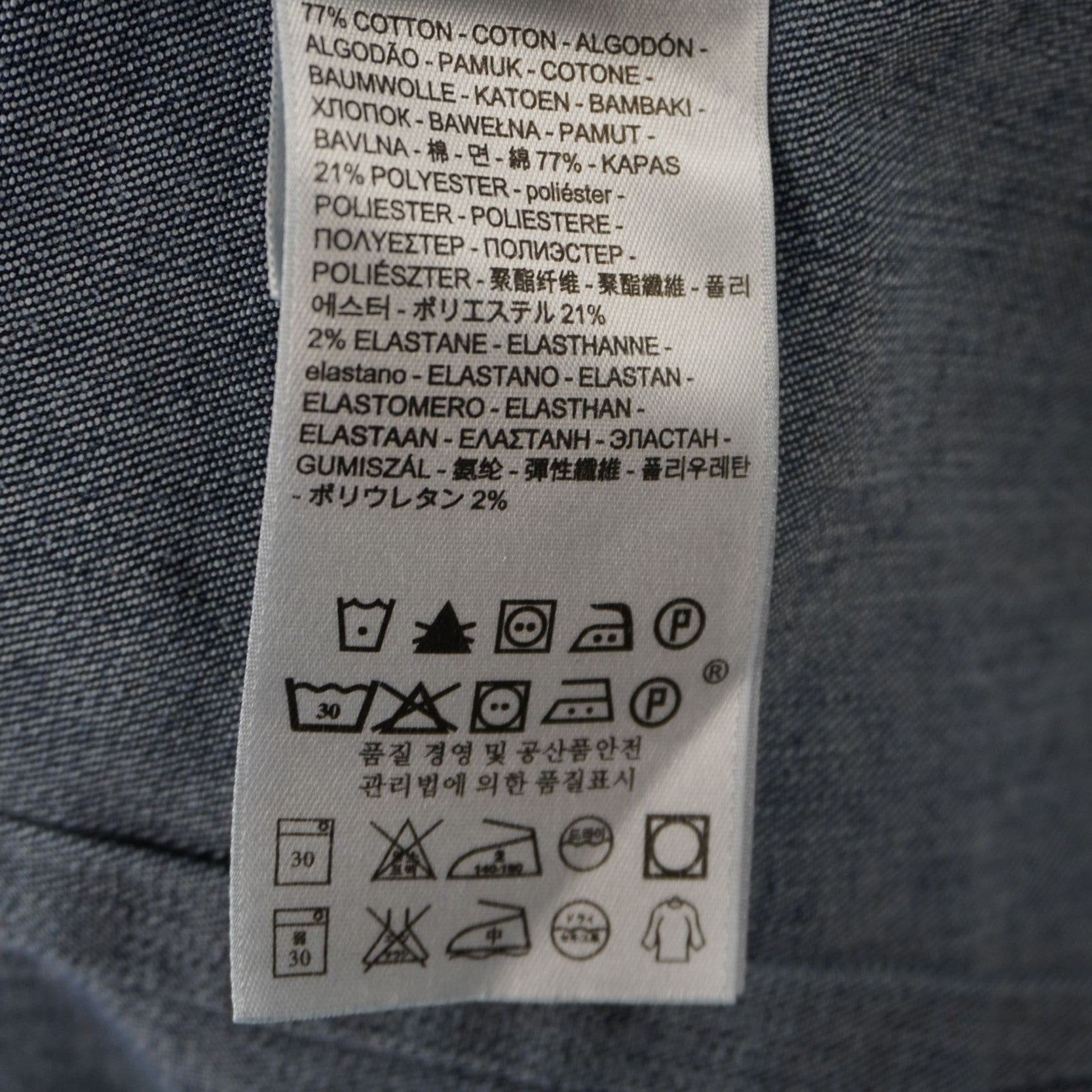 Primo piano dei simboli internazionali per il lavaggio e la cura della camicia di jeans a 30 gradi.