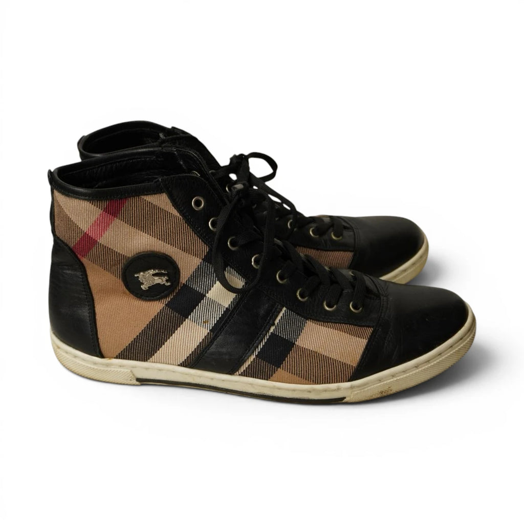Paio di sneakers alte da donna Burberry in pelle nera e tela a quadri Vintage Check