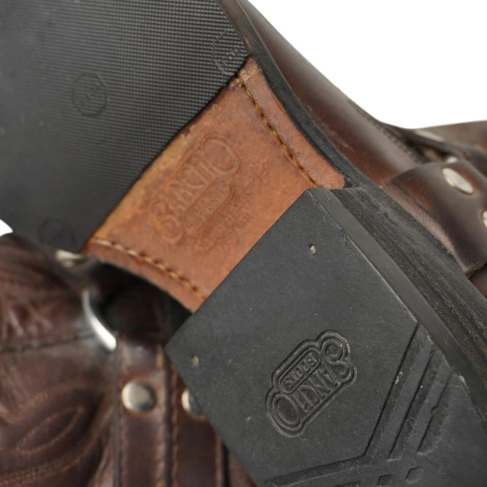 Vista inferiore della suola in cuoio con mezza suola protettiva antiscivolo e sotto-tacco in gomma logato Sancho Boots.