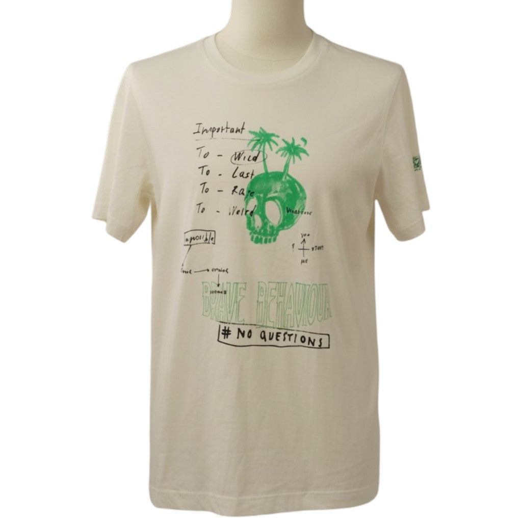 Vista frontale della T-shirt Diesel T-JUST-B61 bianca su manichino con grafica verde neon con teschio e palme.
