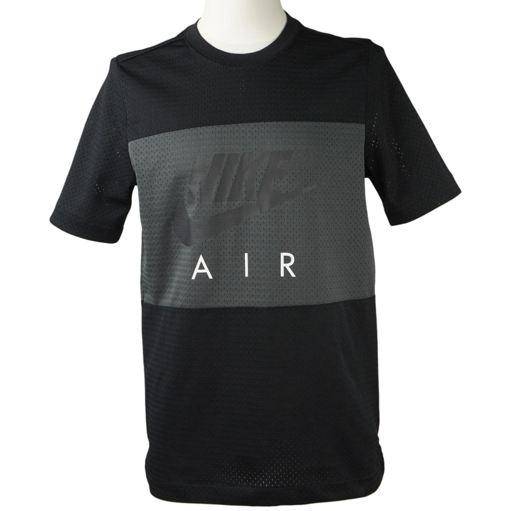 T-shirt tecnica Nike Air NSW in mesh nero e grigio antracite con maxi logo frontale, taglia S, vista frontale su manichino.