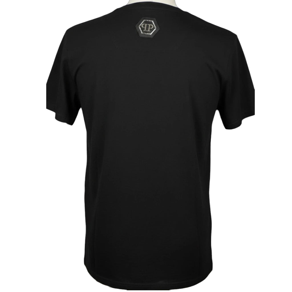 Retro t-shirt nera uomo Philipp Plein con placca metallica esagonale logo PP