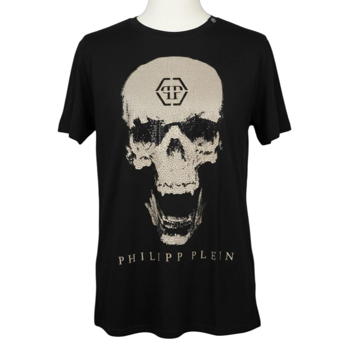 T-shirt uomo Philipp Plein nera con grafica teschio in cristalli fronte intero