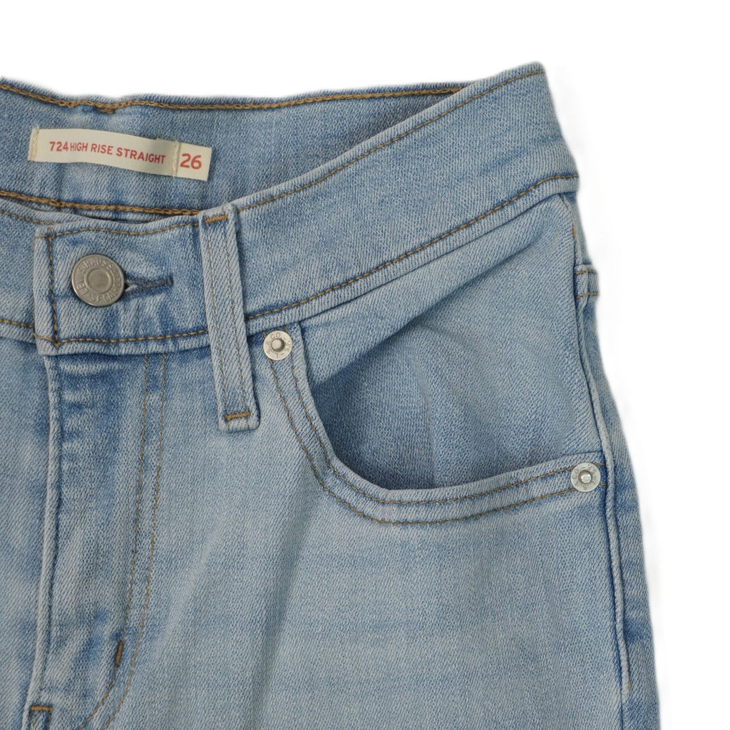 Inquadratura ravvicinata della tasca frontale destra dei jeans chiari con il taschino portamonete e rivetti metallici.