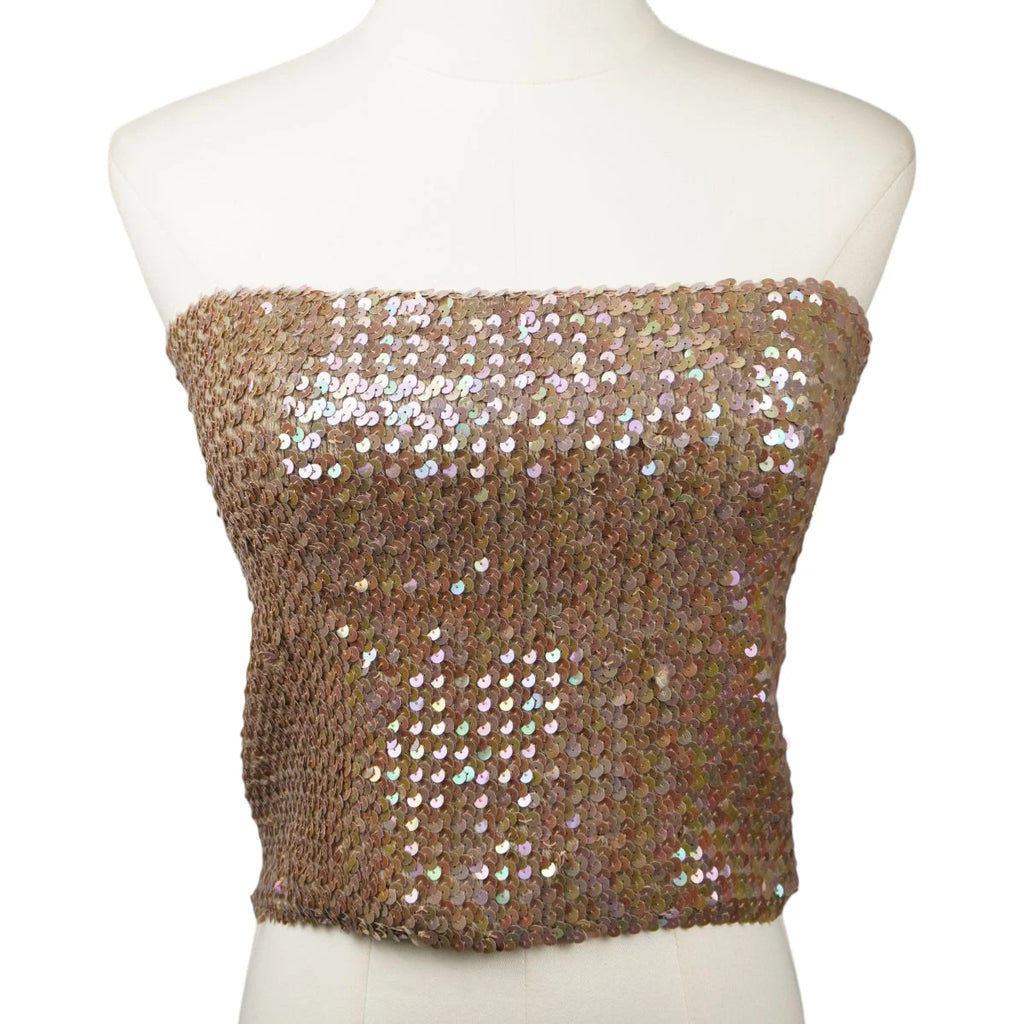 Crop top a fascia vintage Gianfranco Ferré Jeans marrone bronzo tempestato di paillettes olografiche e cangianti sul davanti