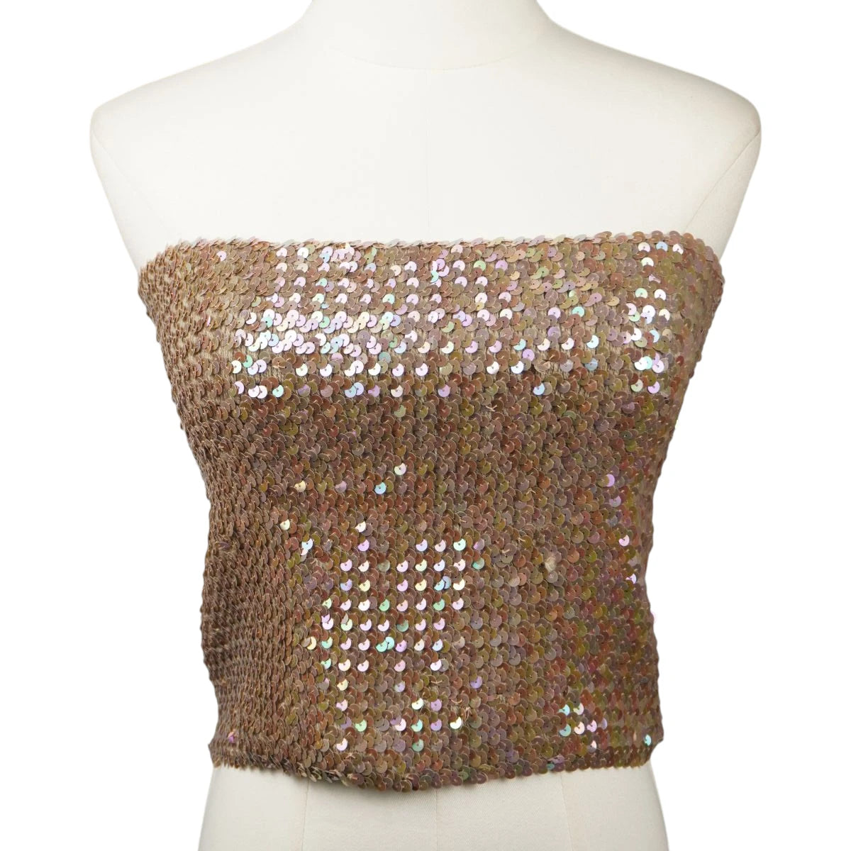 Crop top a fascia vintage Gianfranco Ferré Jeans marrone bronzo tempestato di paillettes olografiche e cangianti sul davanti