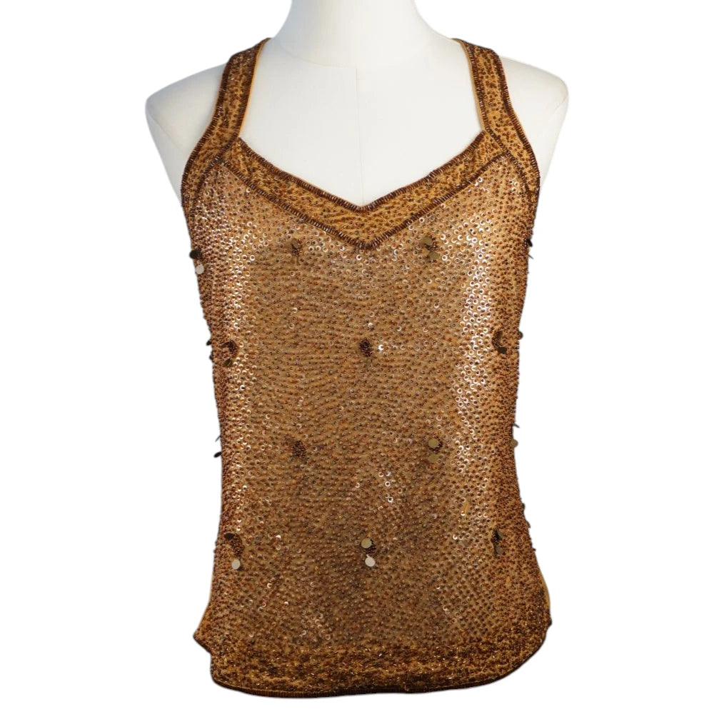 Top gioiello vintage Luisa Spagnoli a canotta color oro e bronzo interamente ricamato di paillettes, vista frontale su manichino.