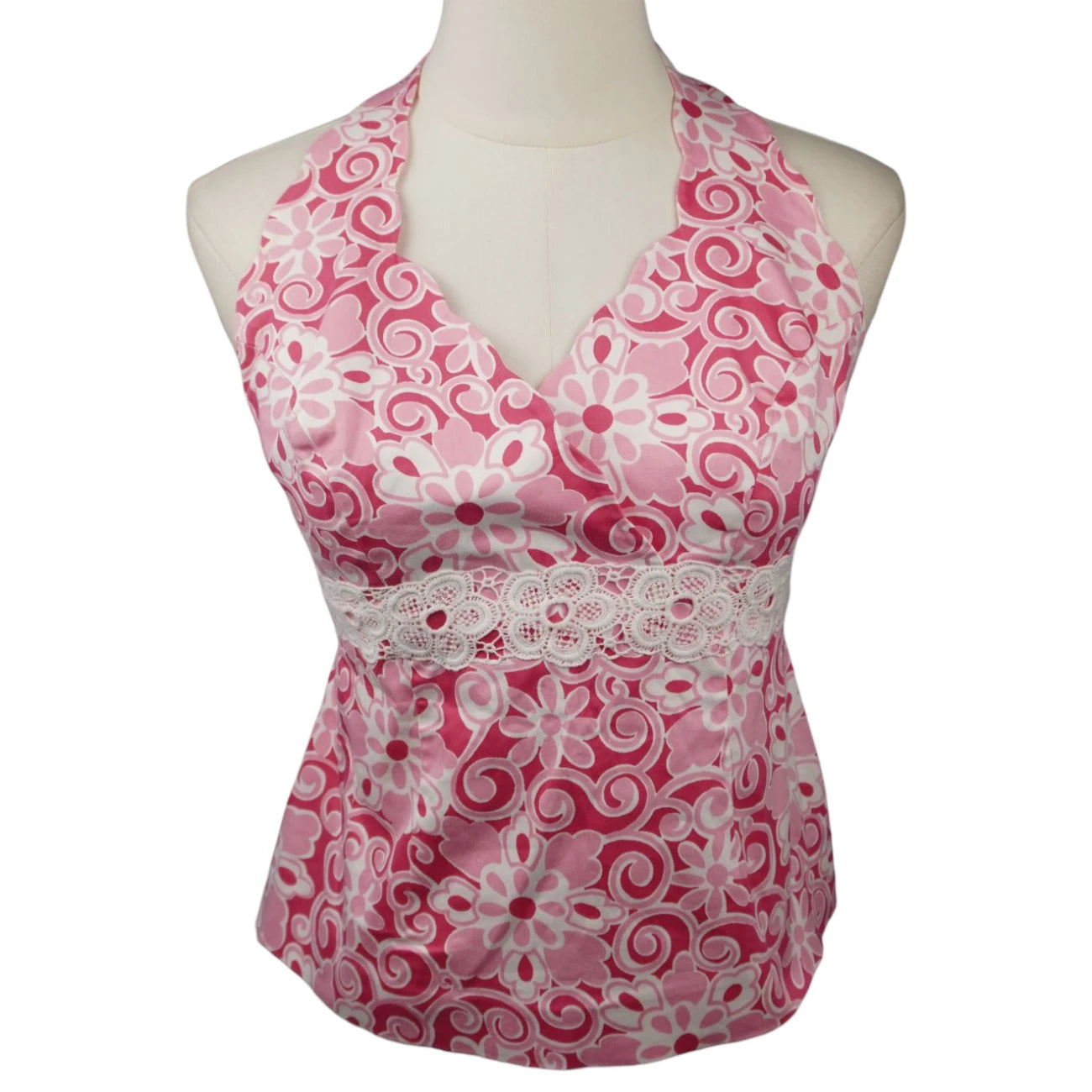Top halter d'archivio Luisa Spagnoli rosa e bianco con fantasia floreale psichedelica e fascia stile impero in pizzo macramè sul davanti.