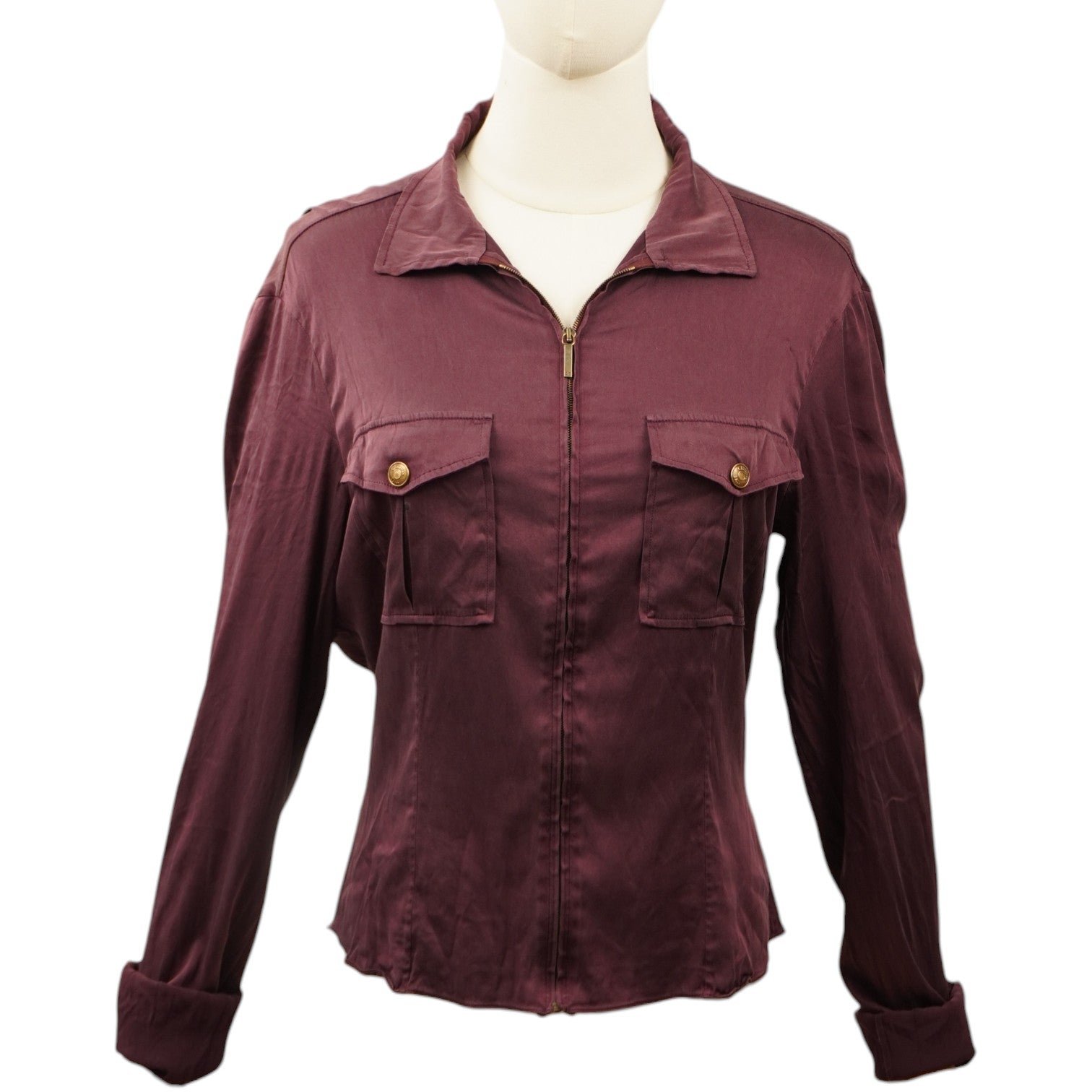 Top utility in seta bordeaux Christian Dior d'archivio disegnato da John Galliano, con chiusura a zip e tasche cargo sul petto.