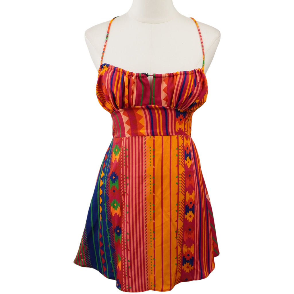 Vestito corto da donna F**K modello Burning con stampa geometrica etnica multicolor.