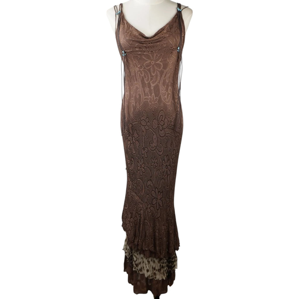  Vestito lungo d'archivio Class Roberto Cavalli in 100% viscosa marrone a motivi paisley.